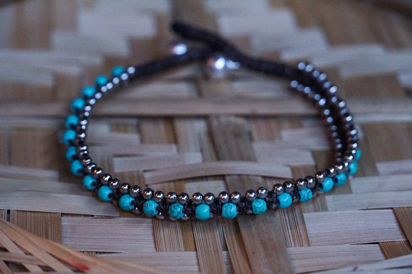 Turquoise Band Boho Silver Anklet-2