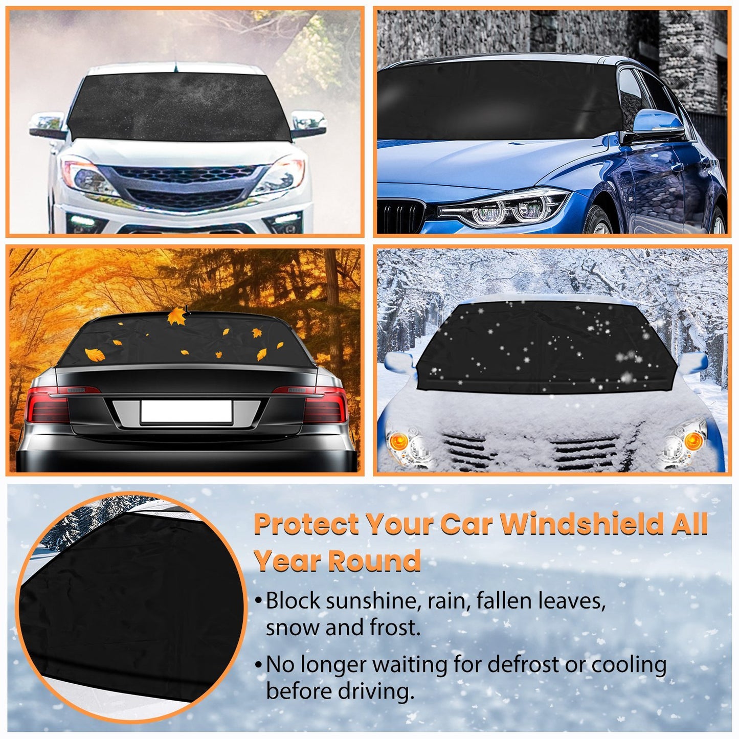 1Set Magnetic Car Windshield Cover Front Rear Car Windshield Protector Against Snow Sun Dirt Leaves Fit For All Cars Oxford Fabric Waterproof Heat-Resistant
