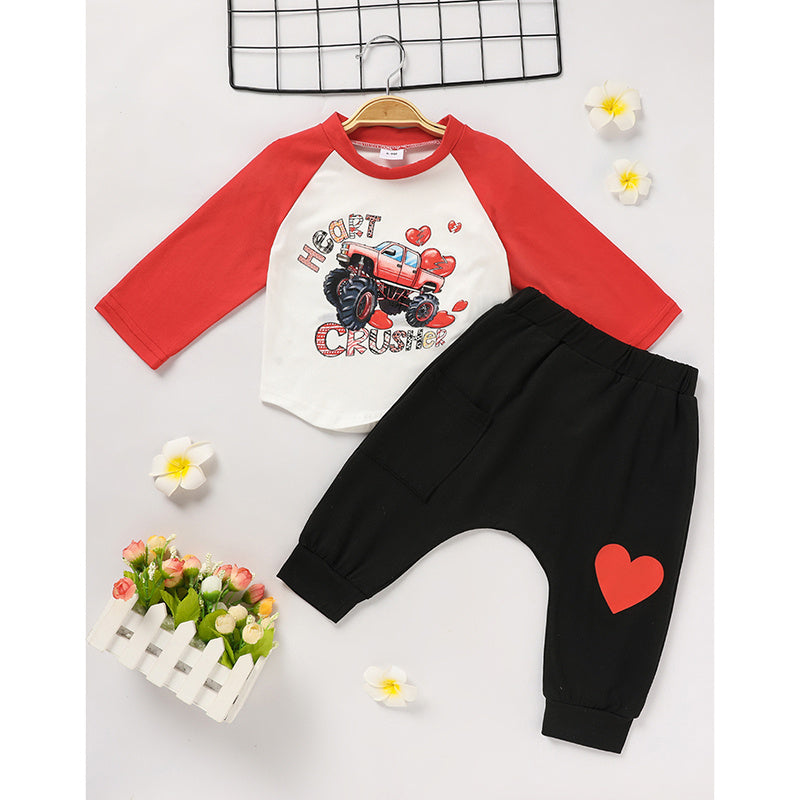 2pcs Baby Boy's 'Heart Crusher' Print Valentine's Day Set, Long Sleeve T Shirt Top & Black Heart Print Pants