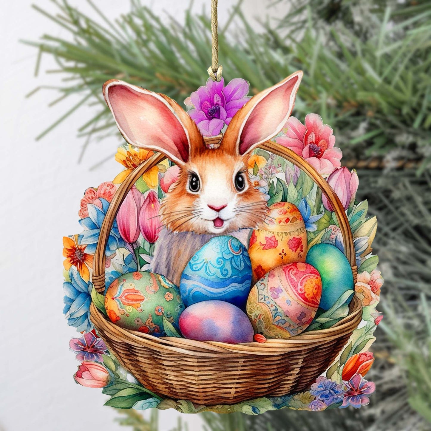 Bunny in a Basket Wooden Ornaments by G. DeBrekht Easter Spring Decor - 8652764-3