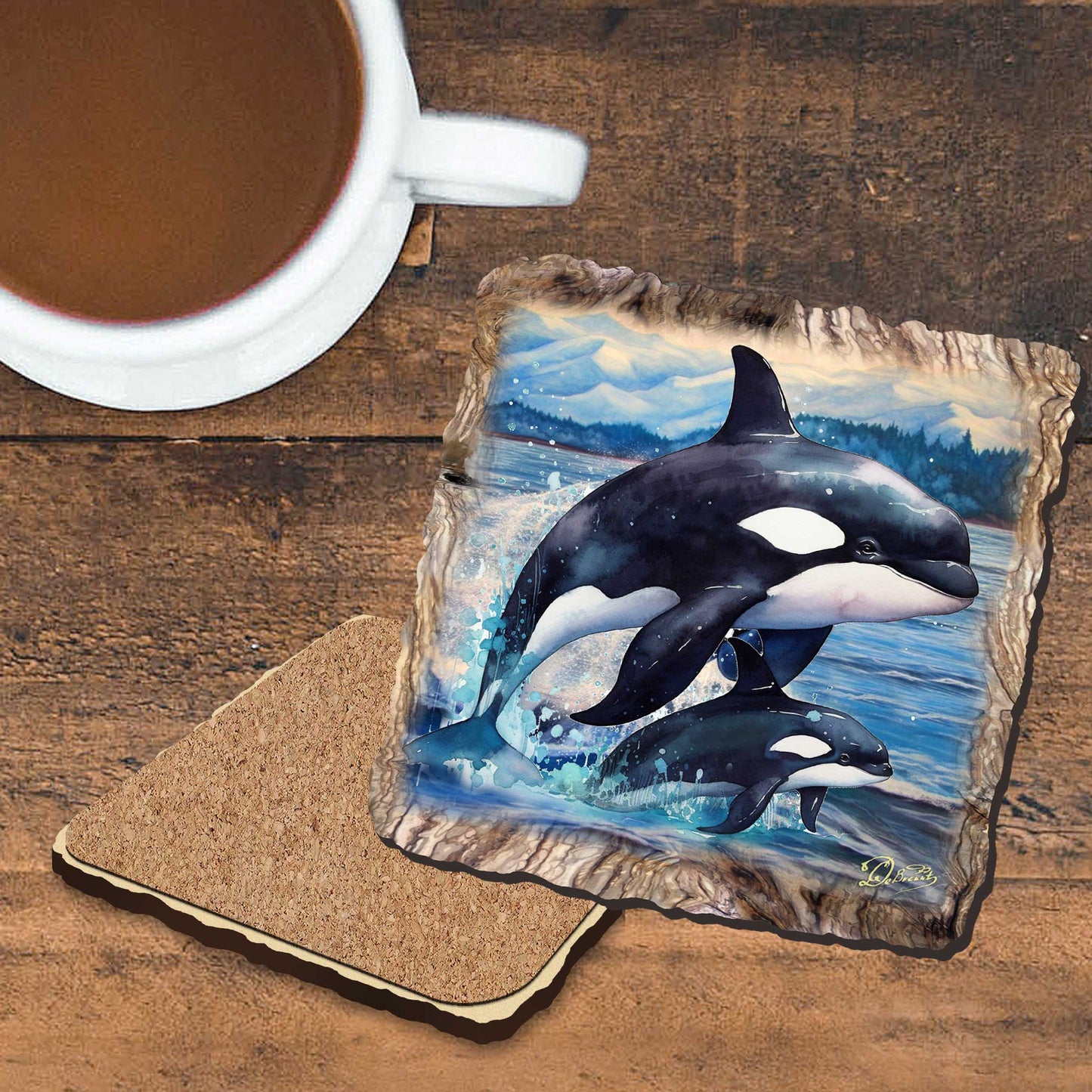 Orca Wooden Cork Coasters Gift Set of 4 by Nature Wonders Coastal Nature Wildlife Decor  - 95396C-S4-2