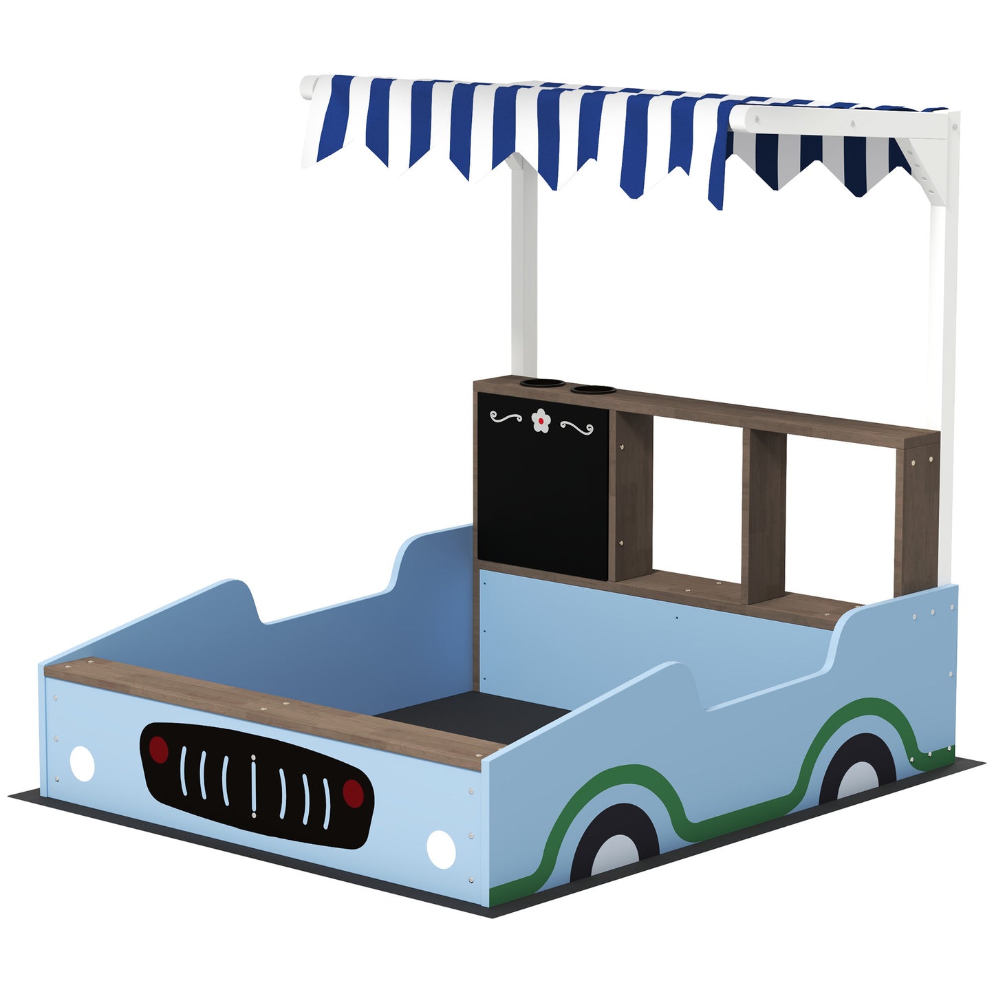 Kids Wooden Sandbox With Canopy With Bench Seats, Bottom Liner, Drawing Board, Planting Boxes For Backyard, Garden, Blue