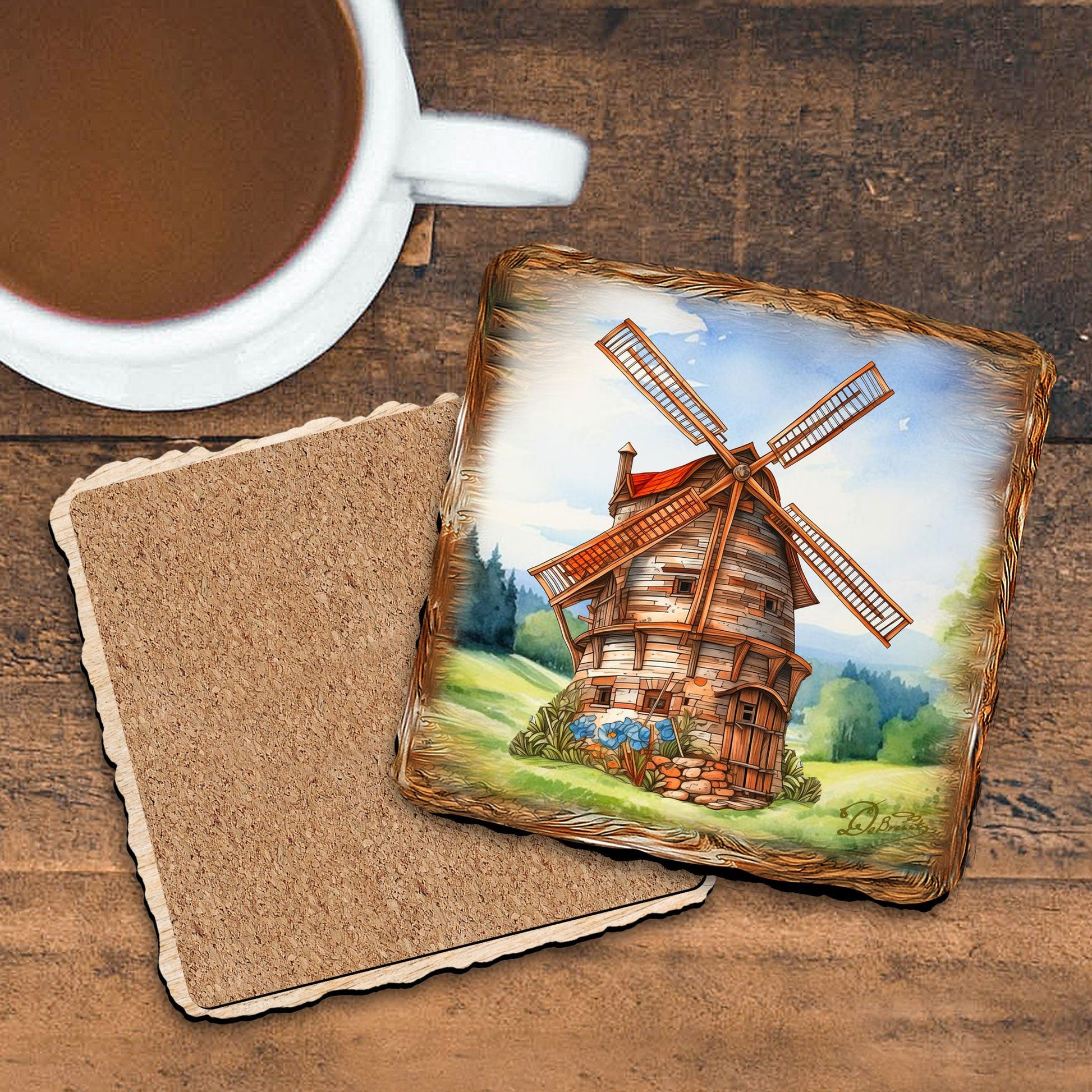 Windmills Wooden Cork Coasters Gift Set of 4 by Nature Wonders - Nature Wildlife Decor  - 95406C-S4-3