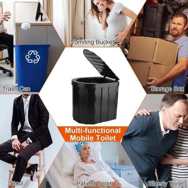 Foldable Emergency Toilet Portable Porta Potty For Car Travel Camping Boating Hiking Cleanable Travel Commode With Lid Carry Bag 1 Roll Garbage Bags