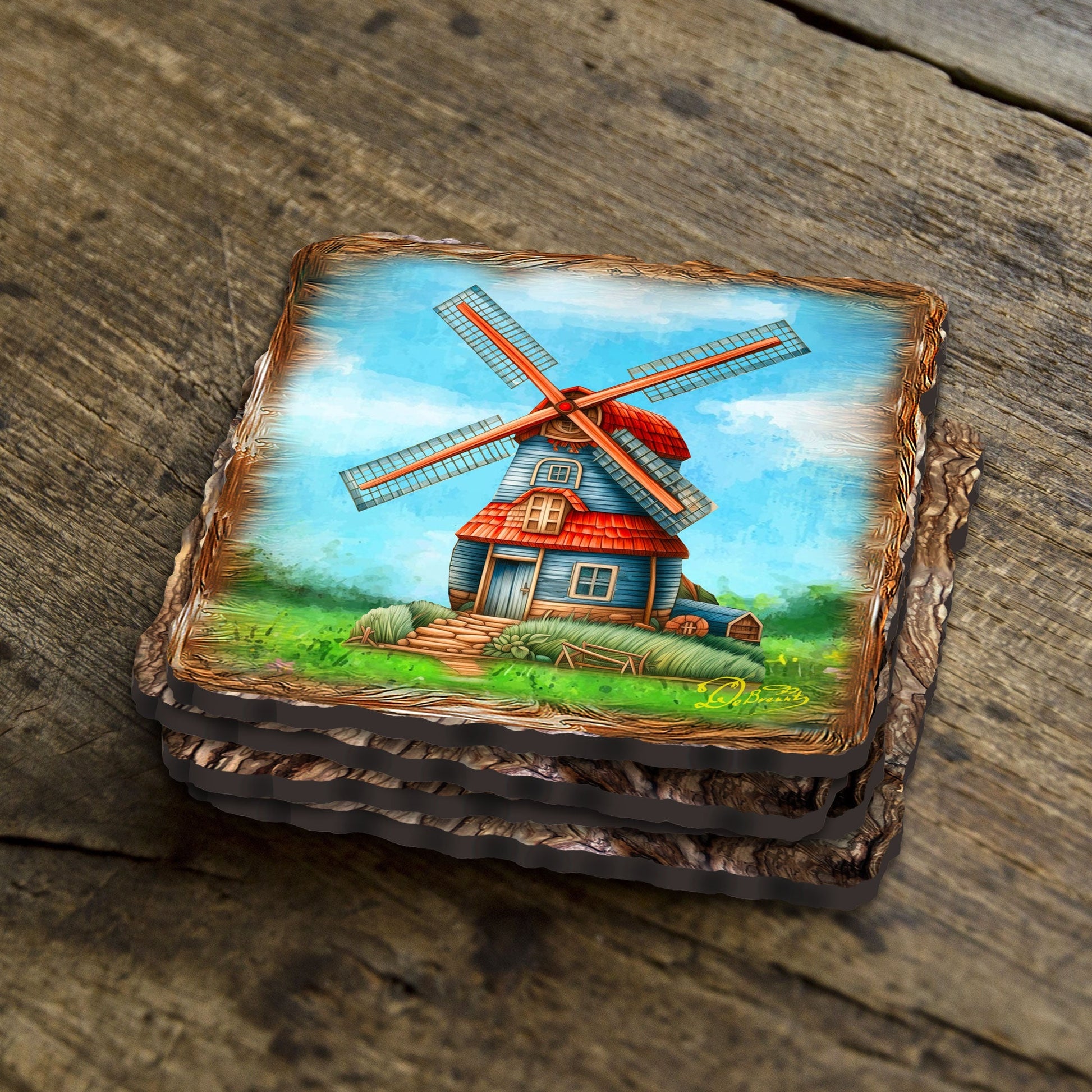 Windmills Wooden Cork Coasters Gift Set of 4 by Nature Wonders - Nature Wildlife Decor  - 95406C-S4-2