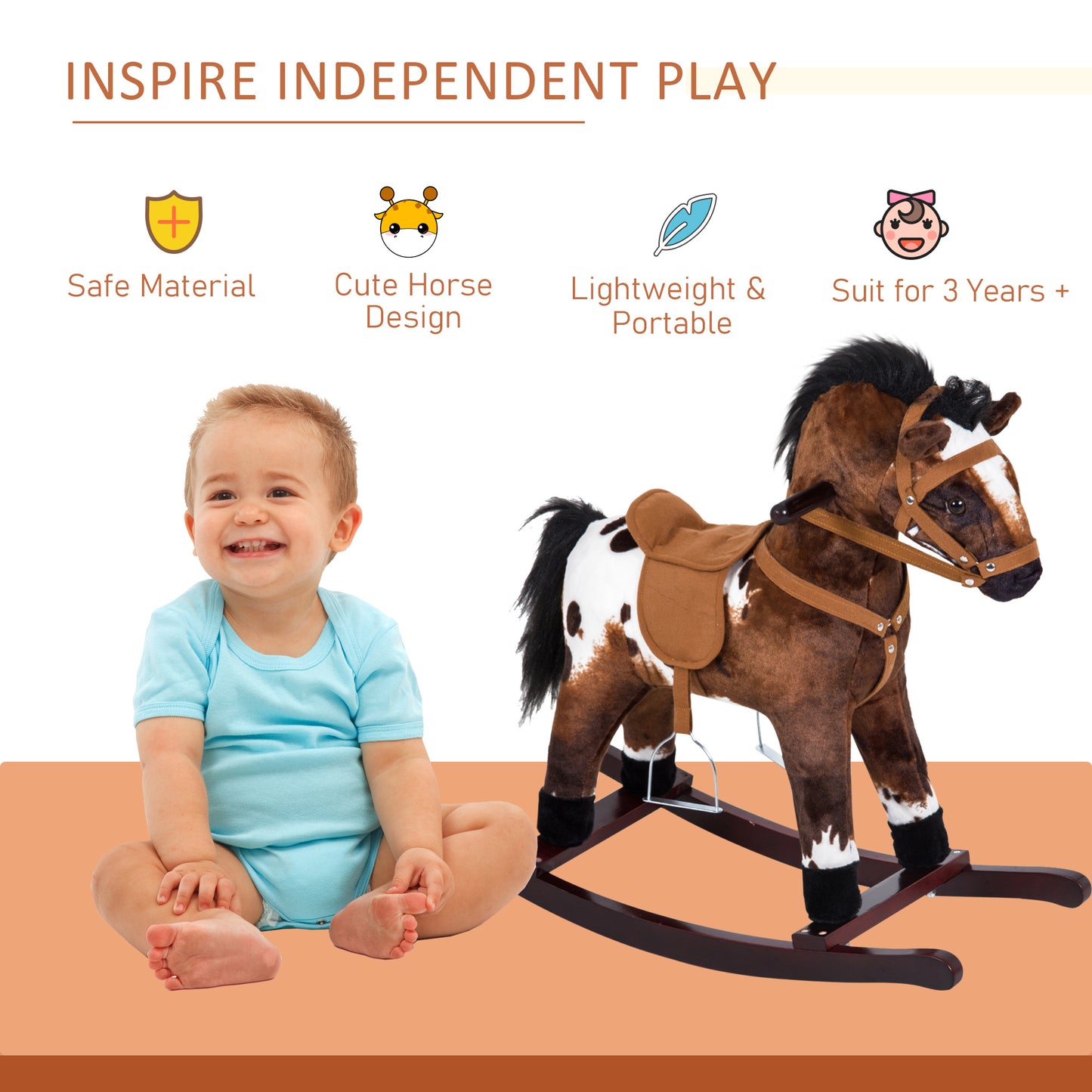 Rocking Horse Kids Plush Ride-On Toy Nursery Rhyme Music 18-36 Months Light Brown White Perfect Gift For Toddlers