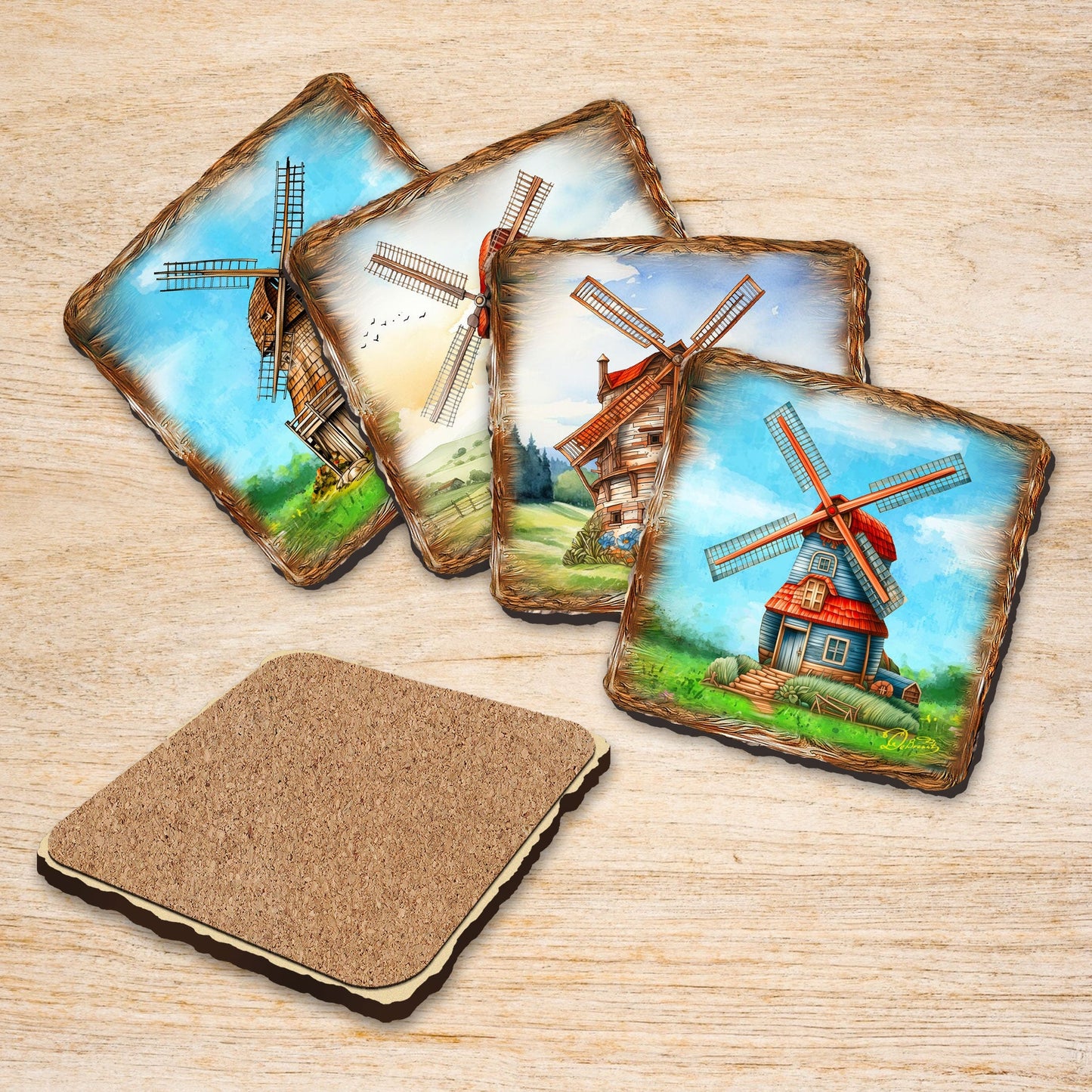 Windmills Wooden Cork Coasters Gift Set of 4 by Nature Wonders - Nature Wildlife Decor  - 95406C-S4-4