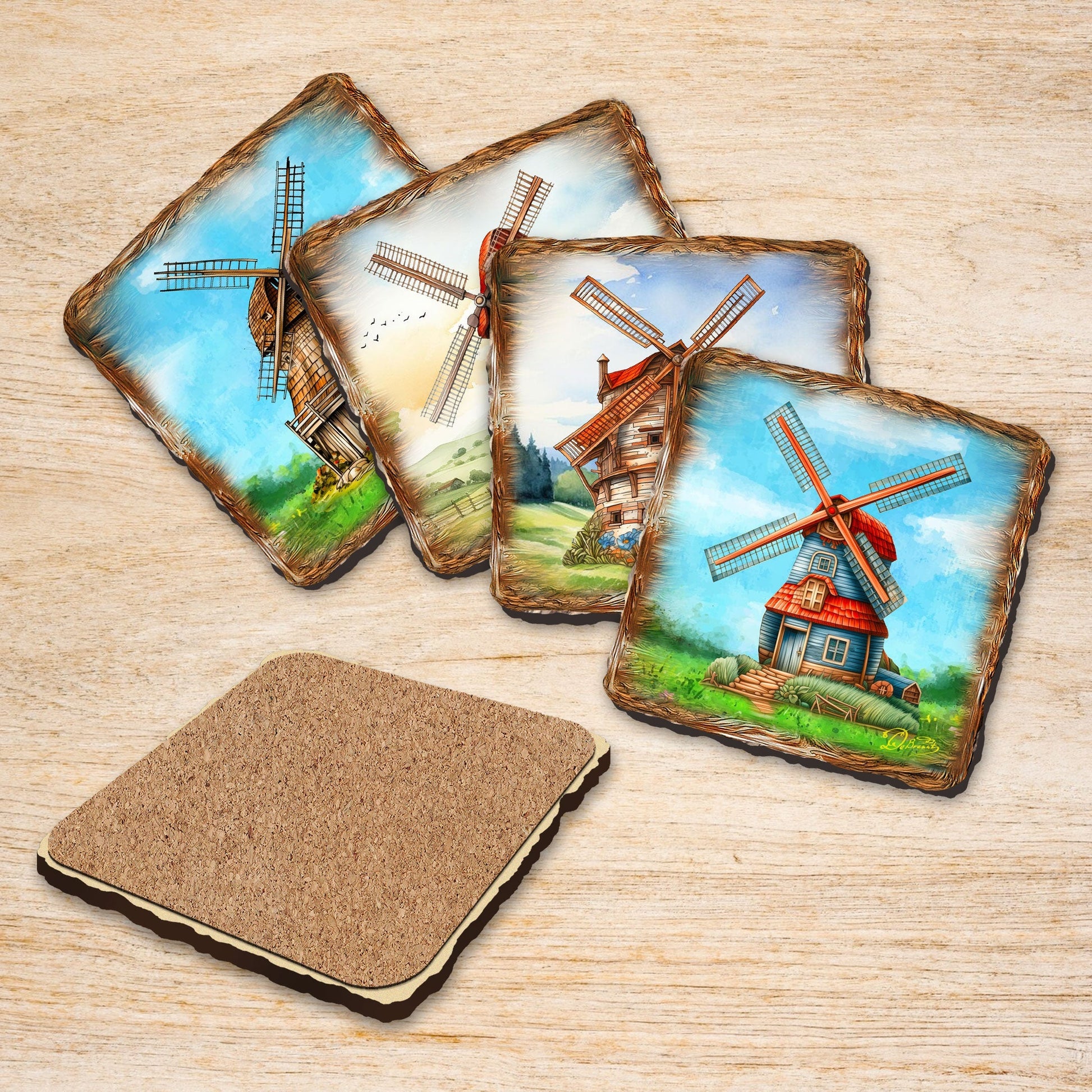 Windmills Wooden Cork Coasters Gift Set of 4 by Nature Wonders - Nature Wildlife Decor  - 95406C-S4-4