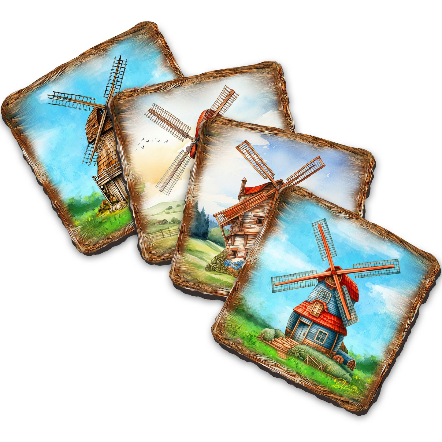 Windmills Wooden Cork Coasters Gift Set of 4 by Nature Wonders - Nature Wildlife Decor  - 95406C-S4-0