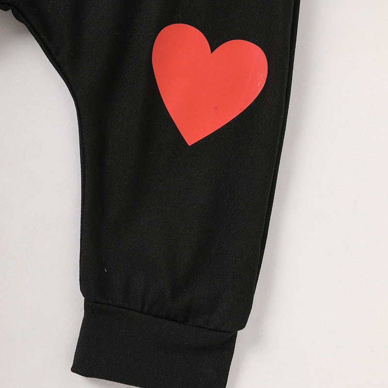 2pcs Baby Boy's 'Heart Crusher' Print Valentine's Day Set, Long Sleeve T Shirt Top & Black Heart Print Pants