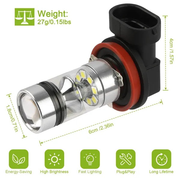 2PCS 1000lm 100W  LED Fog DRL Light Bulb IP65 Water-Resistant 360 Degree Beam Angle 6000K White By  Eggracks By Global Phoenix