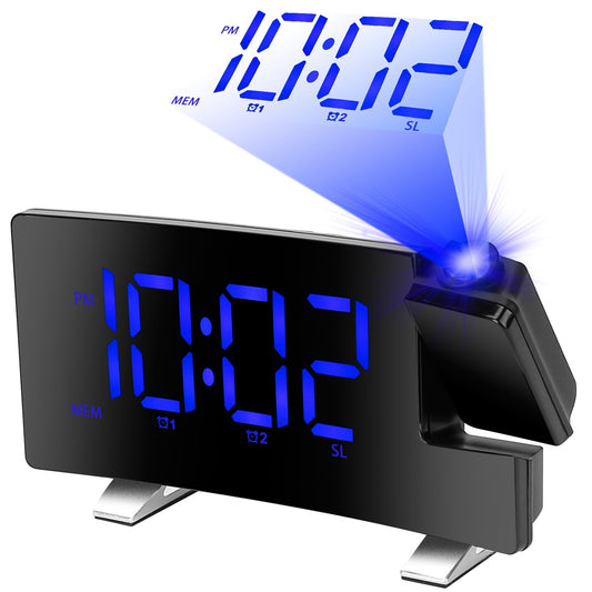 1Pc Projection Alarm Clock With Radio Function Curved Screen LED Digital Alarm Clock With Dual Alarms 4 Dimmer 12-24 Hour USB Charging Port 180Degree Rotatable Projection