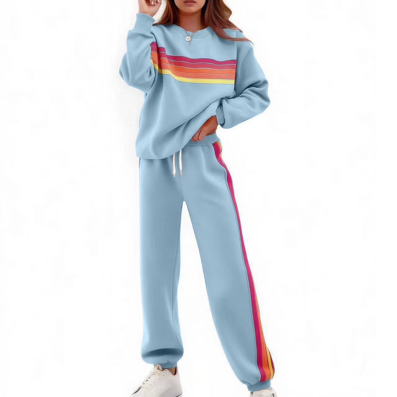 Round Neck Loose Color Stripes Elastic Waist Pants Sweater Suit