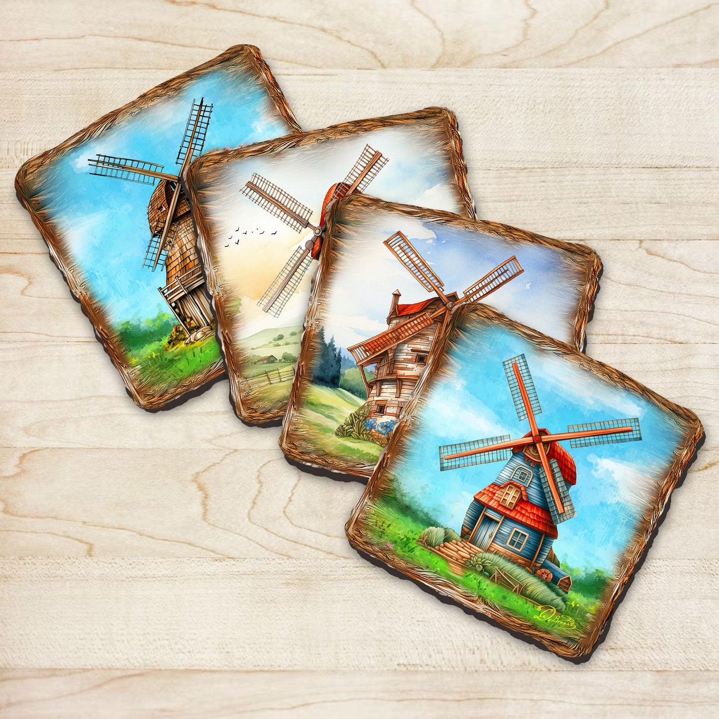 Windmills Wooden Cork Coasters Gift Set of 4 by Nature Wonders - Nature Wildlife Decor  - 95406C-S4-1