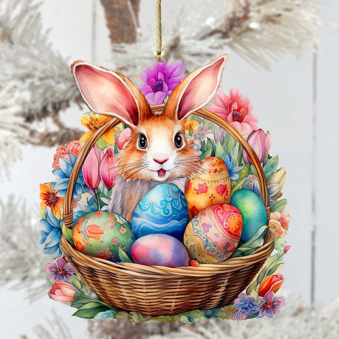 Bunny in a Basket Wooden Ornaments by G. DeBrekht Easter Spring Decor - 8652764-0