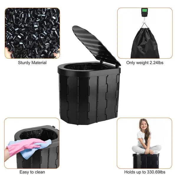 Foldable Emergency Toilet Portable Porta Potty For Car Travel Camping Boating Hiking Cleanable Travel Commode With Lid Carry Bag 1 Roll Garbage Bags