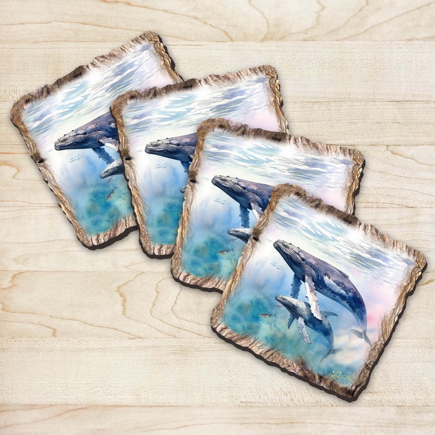 Humpback Whale Wooden Cork Coasters Gift Set of 4 by Nature Wonders Coastal Nature Wildlife Decor  - 95395C-S4-1