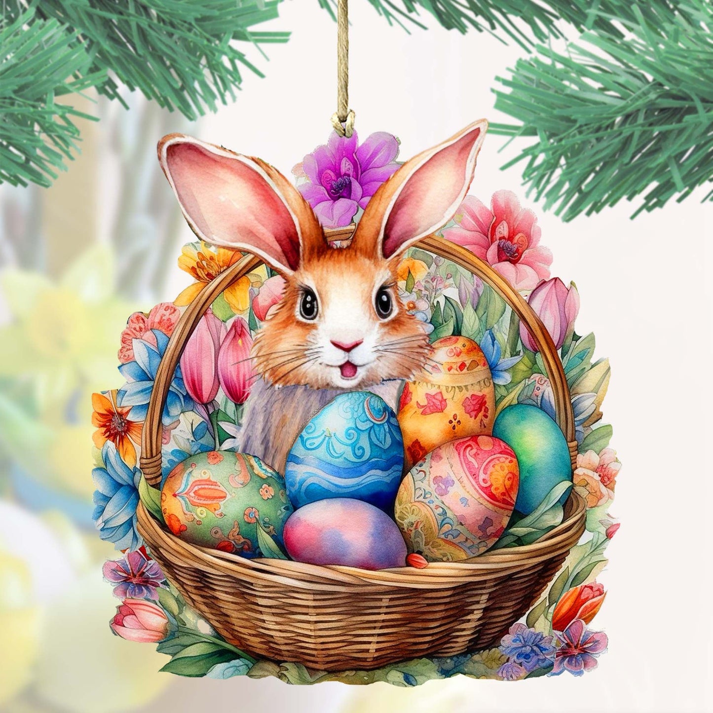 Bunny in a Basket Wooden Ornaments by G. DeBrekht Easter Spring Decor - 8652764-2