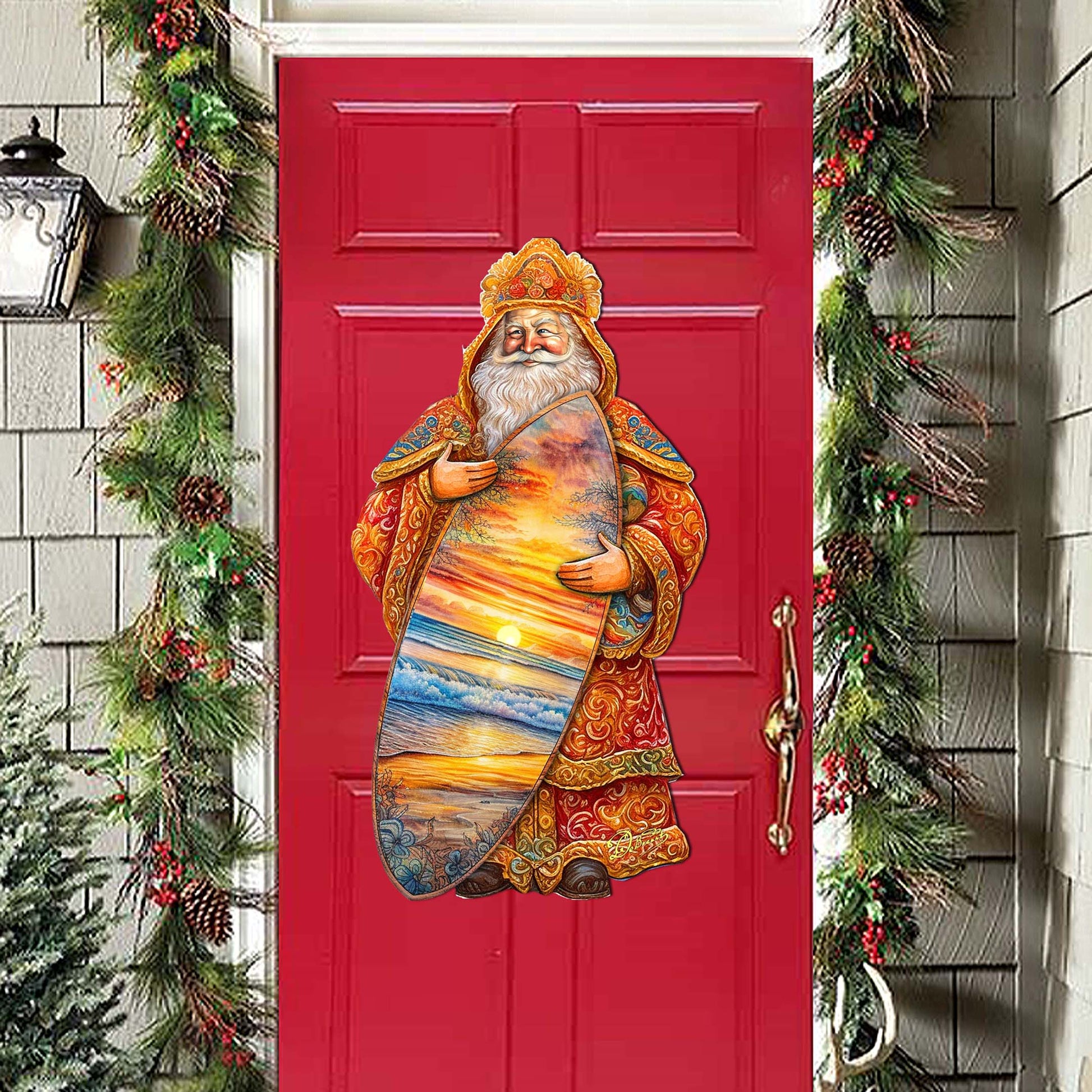 Santa's Tropical Surf Ride Holiday Door Decor by G. Debrekht - Christmas Santa Snowman Decor - 8691413H-1