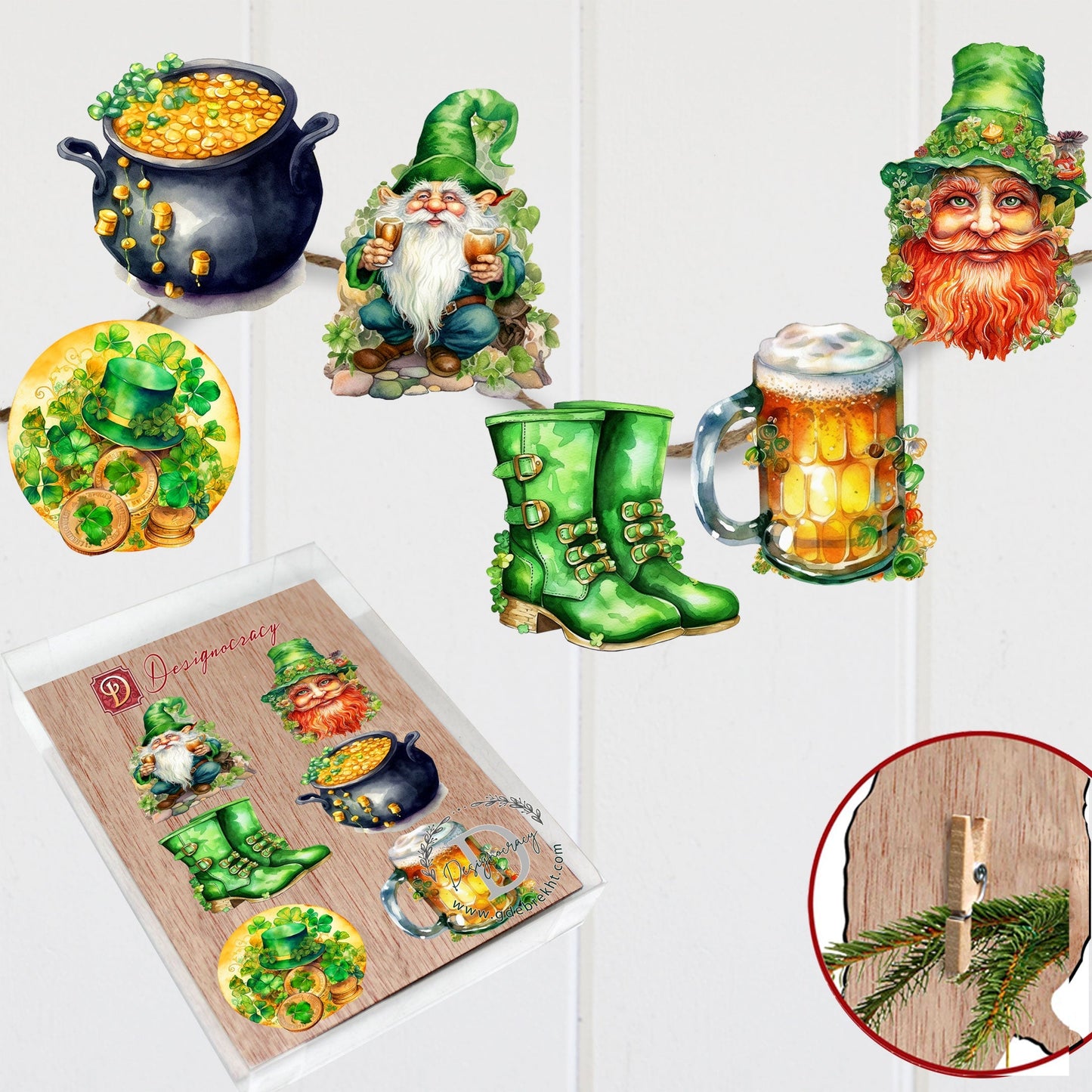 St. Patrick Day Decorative Wooden Clip-on Ornaments Set of 6 by G. Debrekht - St. Patrick Day Decor - 8090058C-S6-4