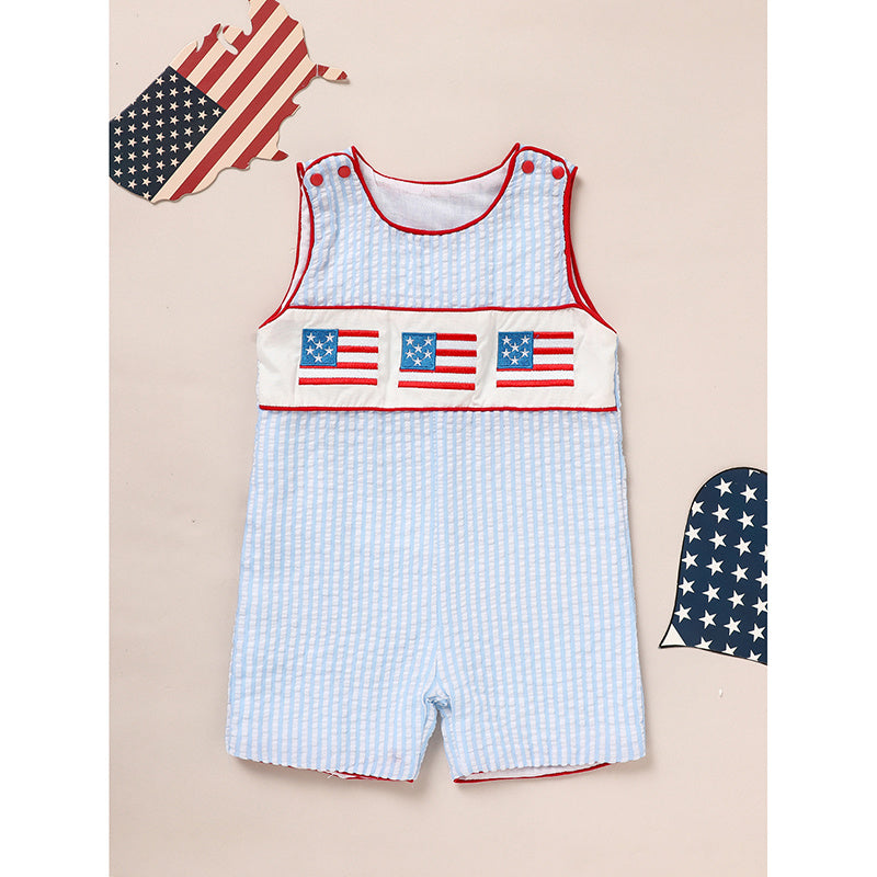 Infant Baby Boy 4th Of July American Flag Smocked Romper Summer Sleeveless Jumpsuit For Independence Day & Memorial Day Celebrations